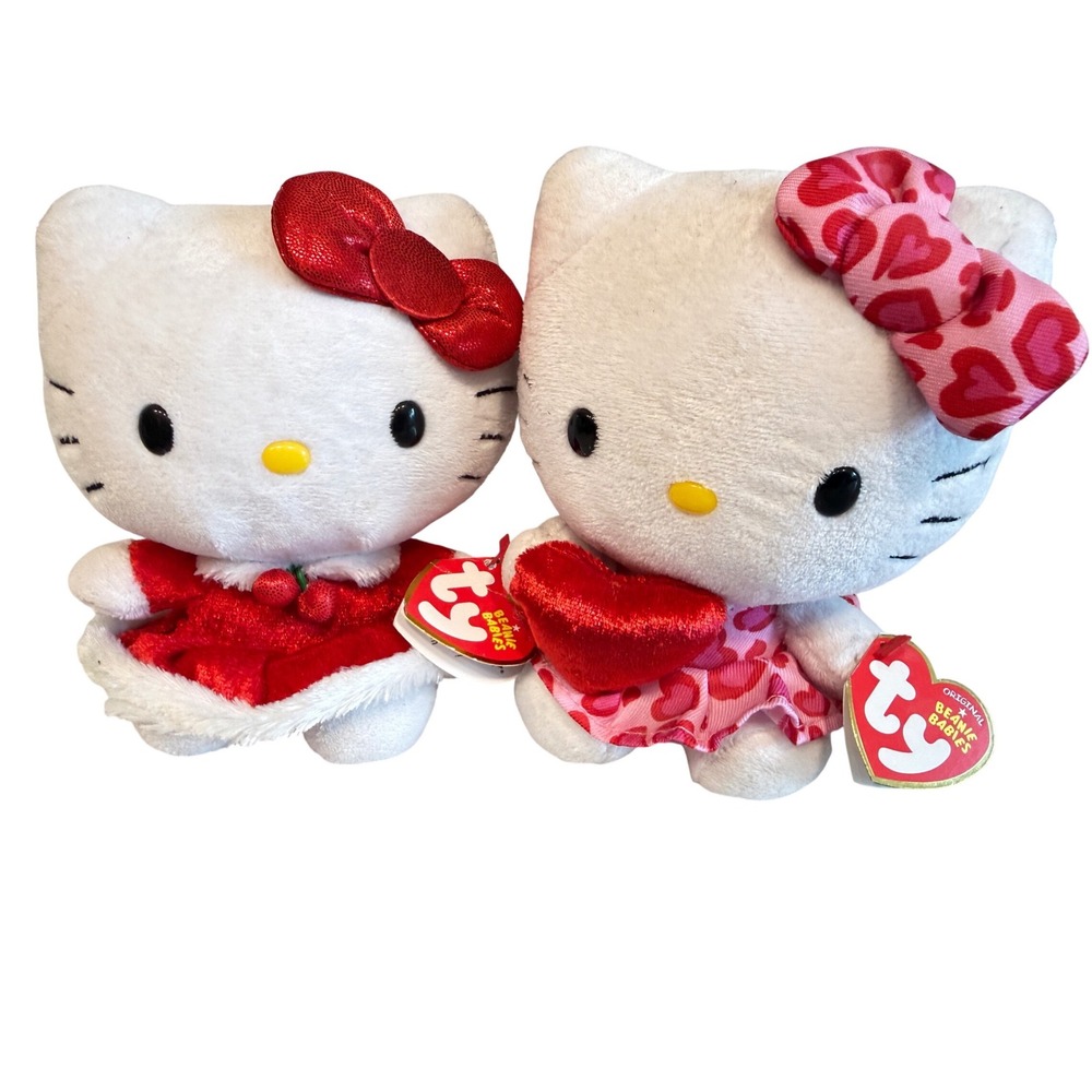 Ty Beanie Babies Hello Kitty Valentine Plush Set Red Dress Pink Heart Pattern